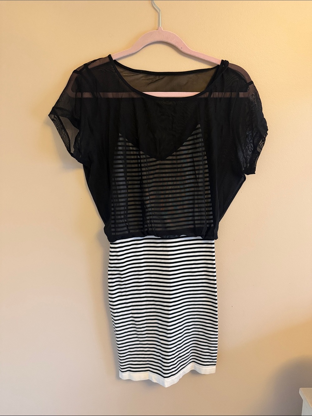 BEBÉ Black Sheer Overlay Striped Mini Dress